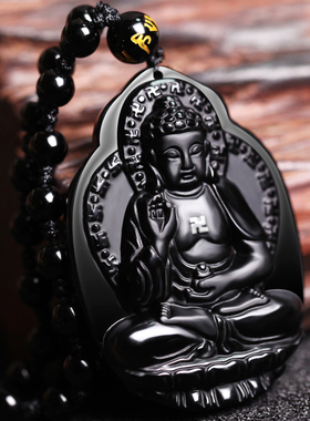 千琪天然黑曜石本命佛吊坠男女生肖狗猪阿弥守护神项坠情侣护身符