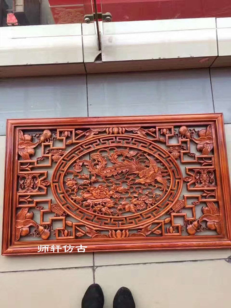 东阳木雕中式装修雕花100*60cm镂空玄关屏风花板隔断实木现货定制