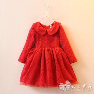 秋冬款女童娃娃领蕾丝网纱内衬加绒长袖连衣裙公主裙