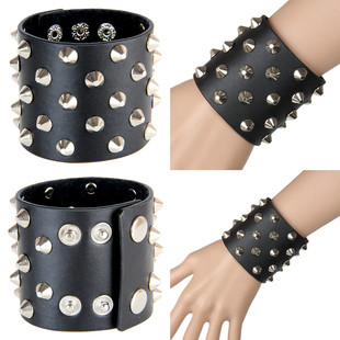 欧美朋克皮手链 街舞武术表演复古夸张宽皮铆钉真皮护腕外贸手链
