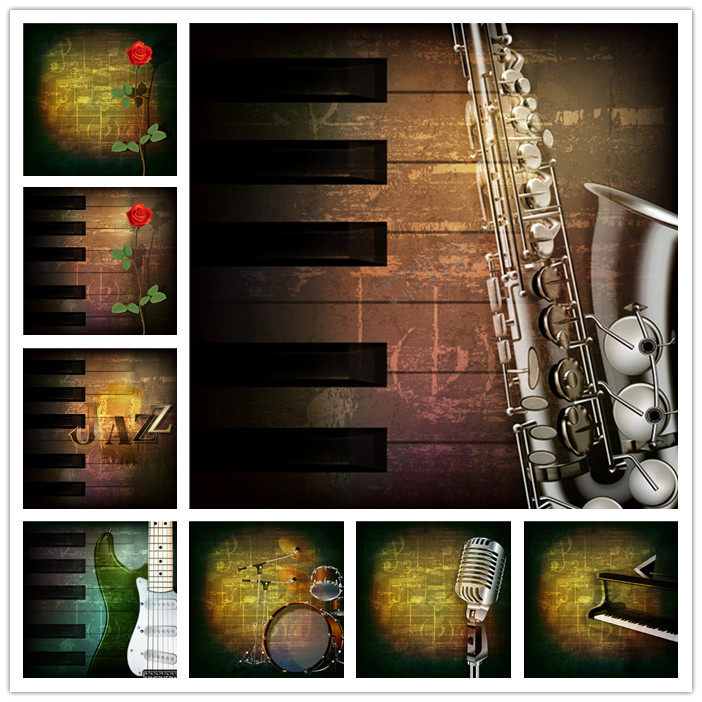 A2205矢量复古抽象背景图音乐架子鼓长笛钢琴贝司爵士 AI设计素材