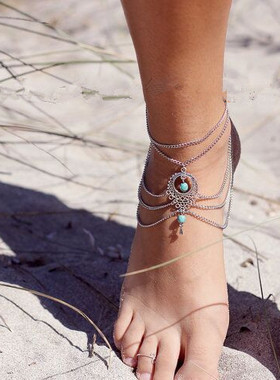 H0036欧美时尚复古民族风镂空松石水滴脚链脚饰Anklets
