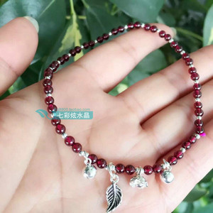 七彩炫石榴石脚链925银树叶配饰女友学生生日礼物水晶手链情人节