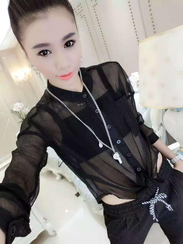 2025春秋装新款女时尚透视装上衣压皱雪纺衬衫性感衬衣立领防晒潮