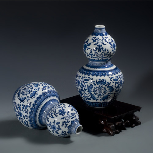 景德镇花瓶陶瓷手绘彷古青花莲瓜工艺品覆古花瓶家居装饰