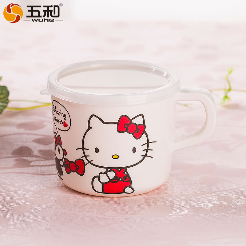 五和纯密胺餐具Hello Kitty 凯蒂猫有盖儿童杯KT-13卡通水杯奶杯