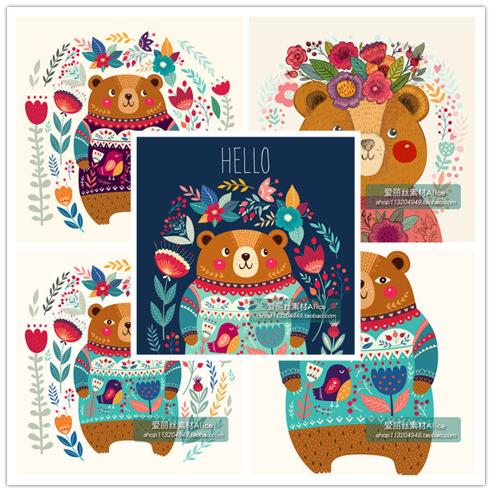 [201]卡通可爱童话插画小熊花朵毛衣图 AI矢量设计素材