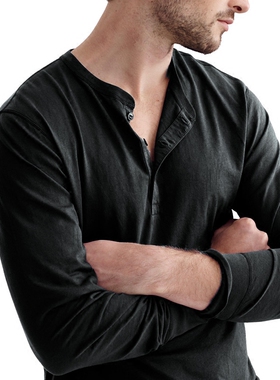 J.Crew竹节棉亨利领长袖T恤男纯棉修身宽松纯色美式复古休闲JCREW