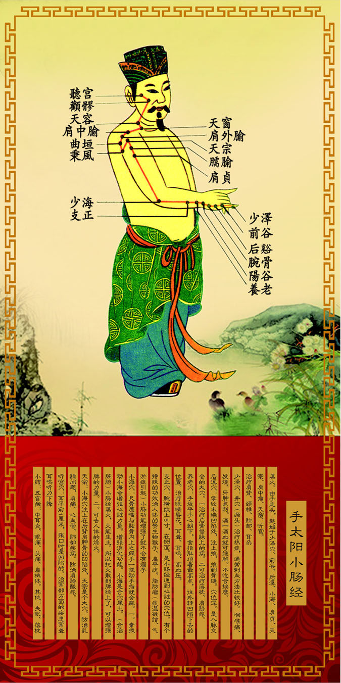752海报印制展板写真喷绘682古代人身经络图十二经手太阳小肠经