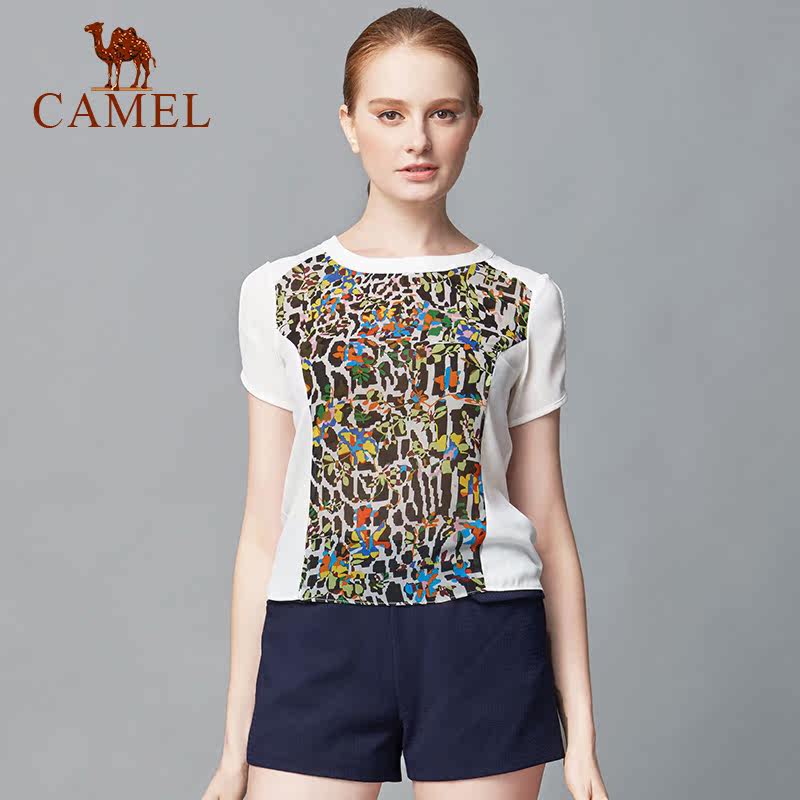 【非卖品】Camel/骆驼女装 数码印花露肩短款上衣 短袖雪纺衫