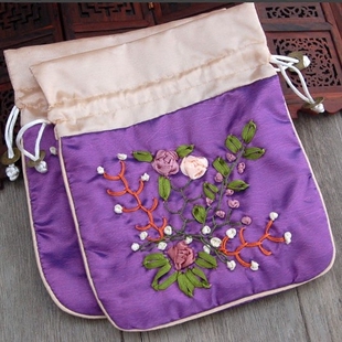 丝绸首饰袋 民族风手工绣花铜钱抽包高档锦囊小布袋佛珠袋紫色