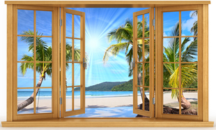 3D卧室仿真木框假窗户贴画 沙滩椰树海景风景客厅宾馆墙贴壁纸画