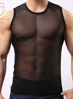 8313 8314 男士无袖T恤 透明性感男士T恤