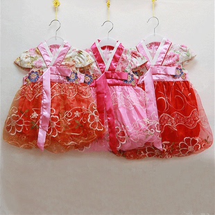 精品新年女童韩服纱裙夏2-7岁儿童短袖连衣裙6花童宝宝喜庆礼服裙