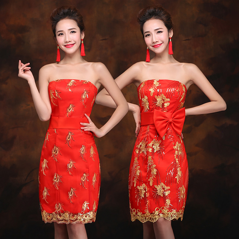 结婚礼服抹胸短款绣花红色礼服