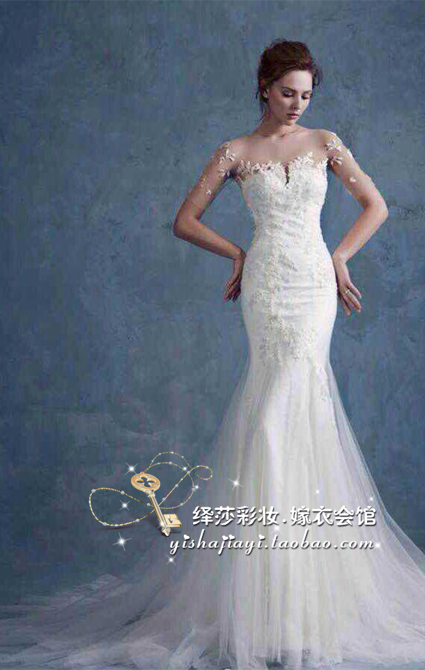 shine新品雪花蕾丝刺绣透明圆领短袖鱼尾拖尾婚纱礼服 实体店定制|ruв категории Женская одежда, Cвадебные платья, свадебное платье - от Buy2taobao.com для оказания профессиональной услуги покупки агента Taobao