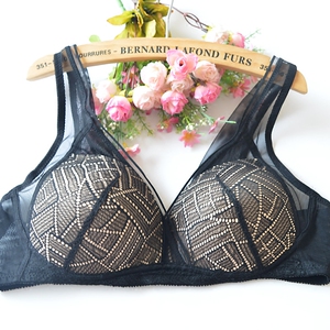 外贸 薄款文胸网纱背心式蕾丝轻薄无钢圈后三排扣性感上托胸罩