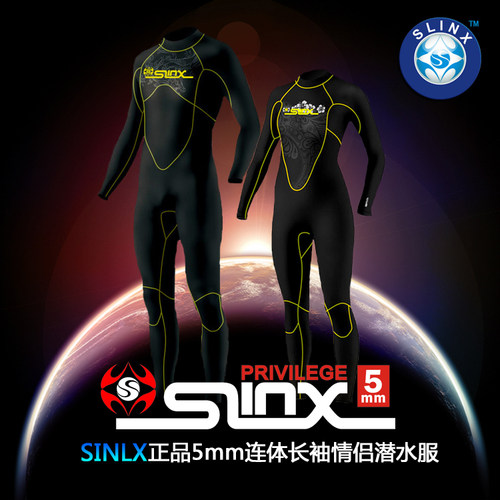 SLINX 5mm男女长袖连体潜水服内里毛巾布保暖防寒湿式冲浪冬泳衣