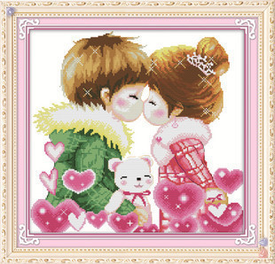 亲亲吾爱情侣两小无猜热恋爱卡通人物卧室棉线丝线线绣印花十字绣