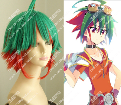 cosplay假发 榊游矢 游戏王ARC-V 绿色红棕色混合短发 收脸翻翘