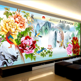 百鸟图花开富贵流水，生财十字绣2023线绣客厅，凤凰山水画风景画