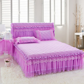夹棉加厚床裙三件套床套罩1.8蕾丝，边枕套床单，紫色床罩+床头罩整套