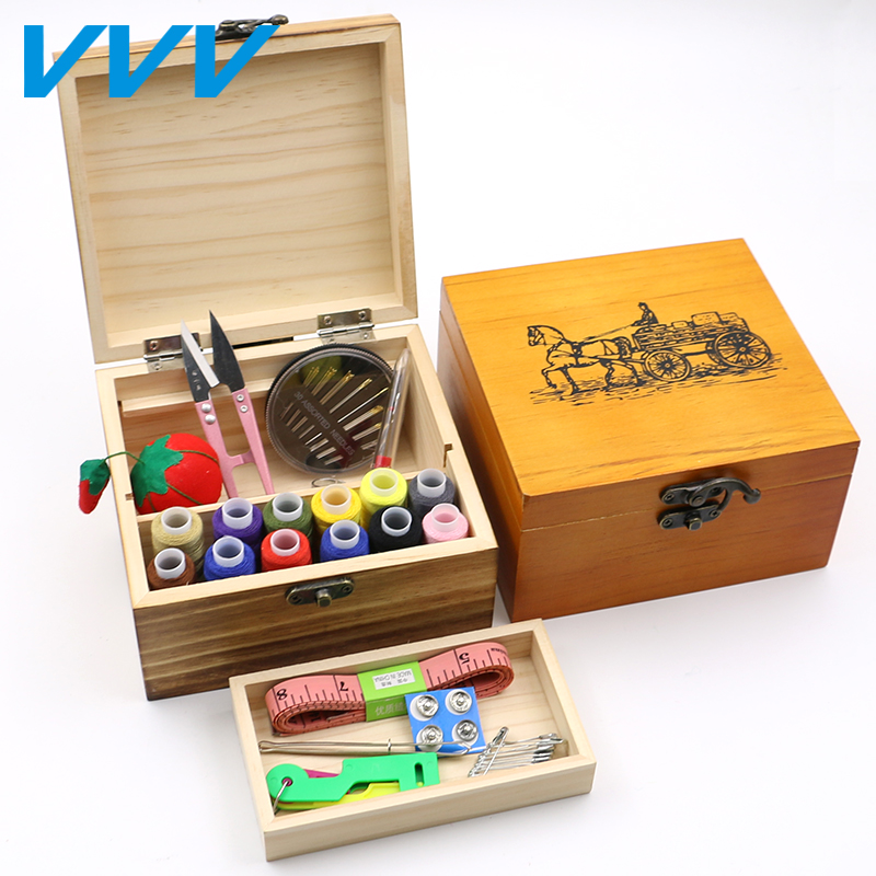 复古实木针线盒套装手工针线手缝家用缝纫线绣花针收纳盒针线包
