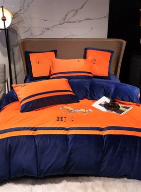 加厚保暖秋冬宝宝绒刺绣橙色双面绒抗静电四件套双人2米被罩潮牌