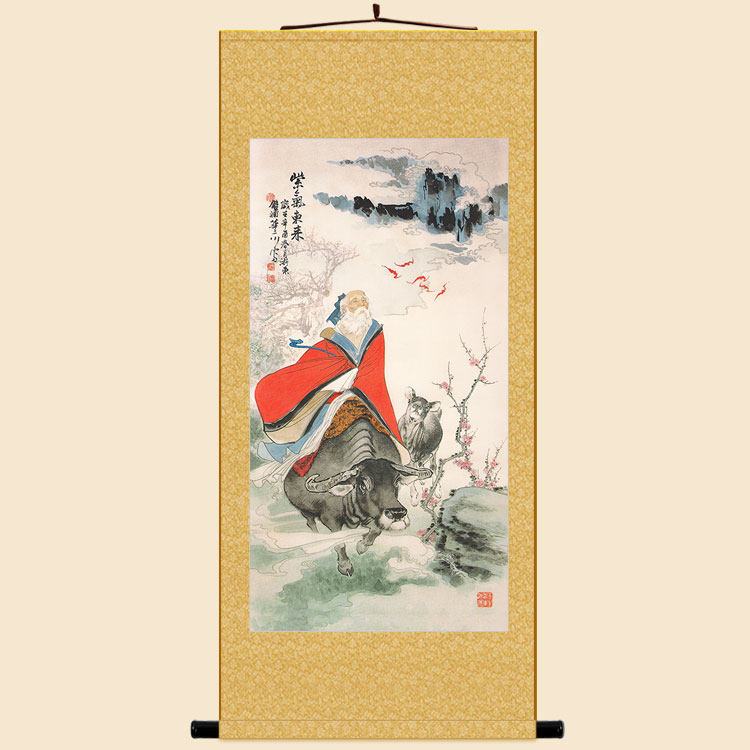 直销复古版水陆画 老子骑青牛紫气东e来图画像 绢布卷轴挂画人物