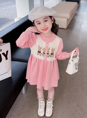 女童春款2024新款长袖针织连衣裙小女孩洋气公主裙儿童衣服毛衣裙