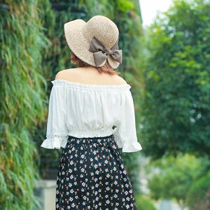 现货新款韩版女士遮阳 沙滩帽女 开叉大蝴蝶结时尚出游防晒大沿草