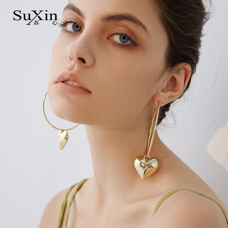 苏心925银针圆圈爱心吊坠耳环女式夸张款日韩风气质潮搭百搭耳饰