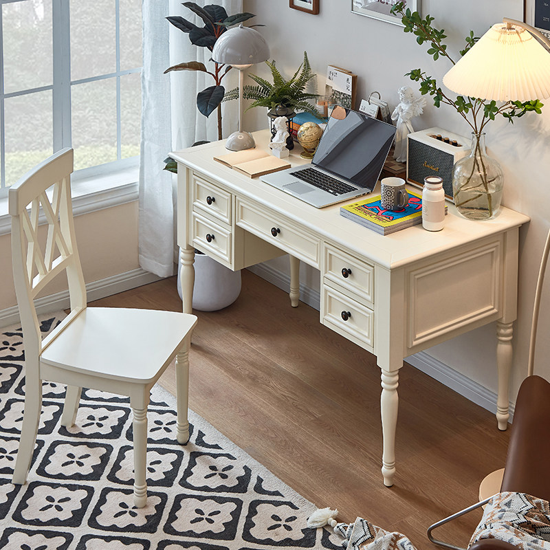 美式实木书桌椅奶油白色简约现代学生家用办公电脑桌子书房写字台