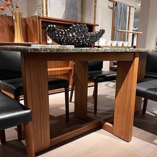 COOMO楷模家具D04班诺餐桌简约现代新中式长餐台火烧胡桃木大理石