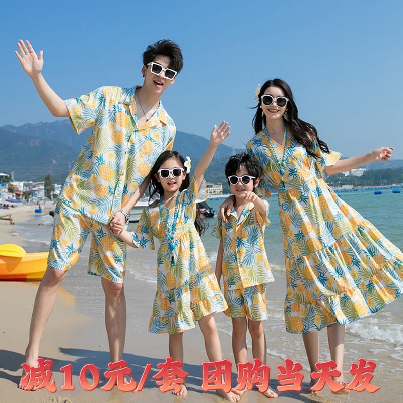 热销泰国亲子装一家三四口海南三亚海边度假短袖花衬衫沙滩母女连