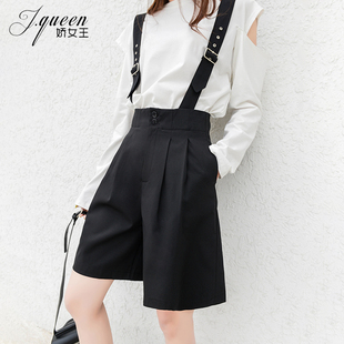 宽松A字阔腿吊带裤 高腰背带短裤 帅气减龄休闲五分裤 新款 子 女夏季