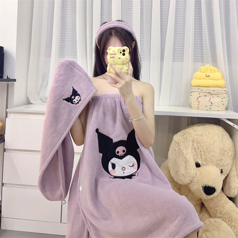 卡通大眼仔浴巾女生可穿可裹洗澡大毛巾连帽浴袍式浴裙可爱三件套