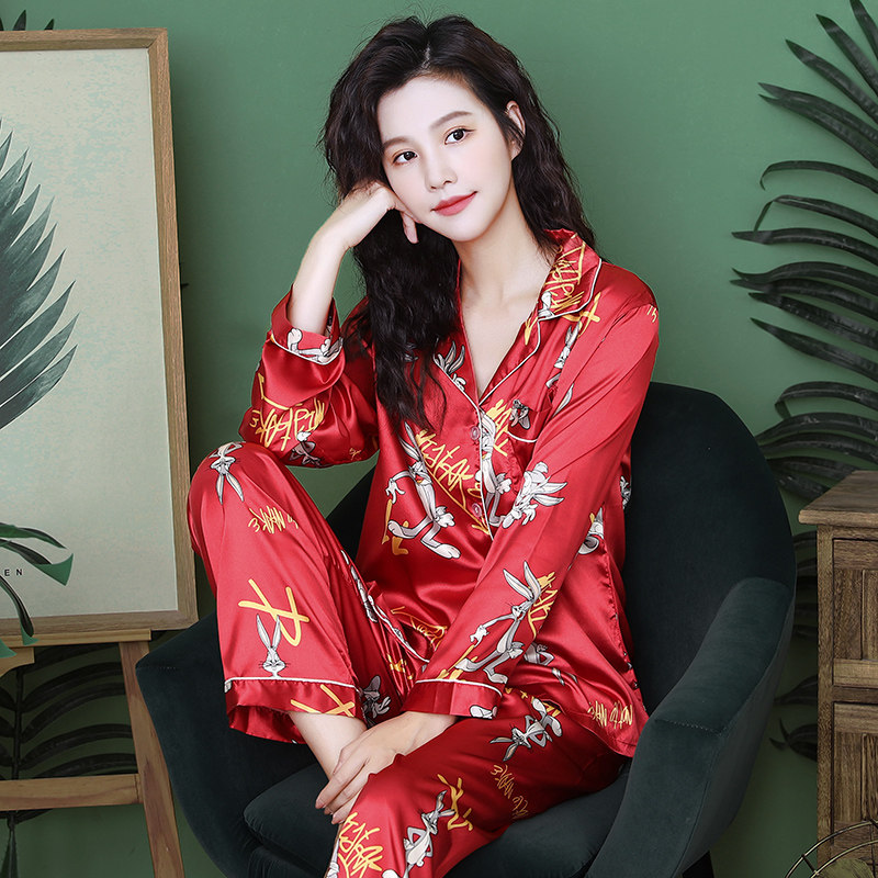 睡衣女2021年新款春秋丝绸长袖套装薄款冰丝开衫大码女士家居服夏