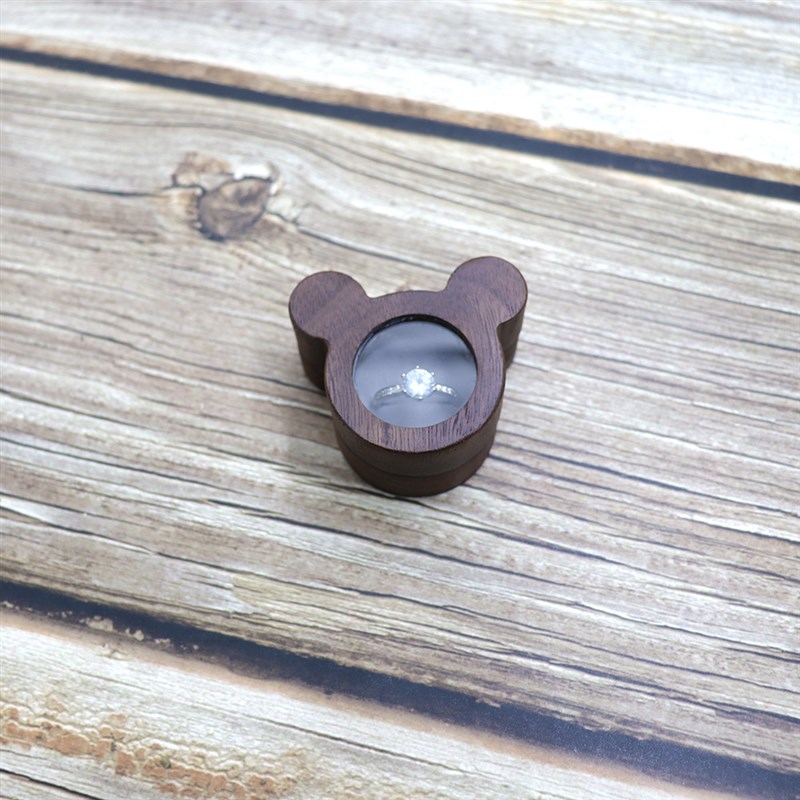 求婚卡通单戒e指盒结婚实木首饰米奇收纳盒透明创意复古木质钻戒