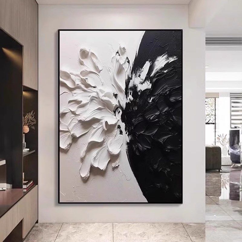 黑白抽象肌理感花卉玄关装饰画现代客厅沙发背景墙别墅壁挂画大幅图片