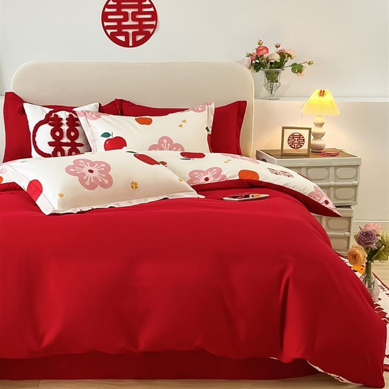 高档婚庆四件组大红色婚房喜被床单被套陪嫁婚礼纯棉结婚床上用品