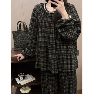 韩系花边格纹睡衣女德绒秋冬季 保暖长袖 长裤 圆领家居服慵懒套装