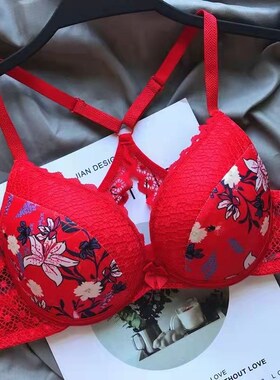 2023兔年红色内衣内裤本命年女套装大码结婚新娘大胸显小文胸薄款