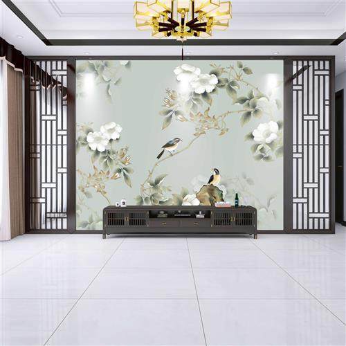 新款b新中式电视背景墙壁纸花鸟壁纸客厅壁布沙发影视墙布定,家装主材,定制壁画,淘宝优惠券,粉丝福利购,淘宝优惠卷