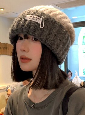 日系宽松大头围拼色毛线帽女秋冬季韩版保K暖护耳显脸小针织帽子