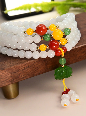 天然和田白玉手串108颗多圈y手錬个性高级感时尚百搭女款手珠链串