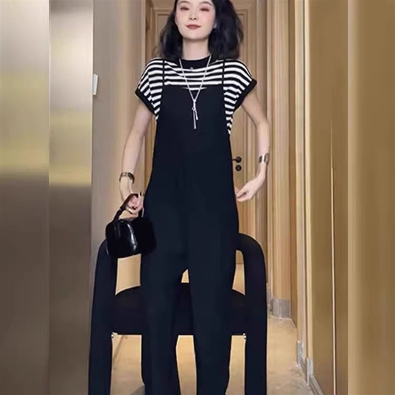 背带裤套装女夏薄款n气质减龄高级感条纹T恤背带裤成套搭配套装潮
