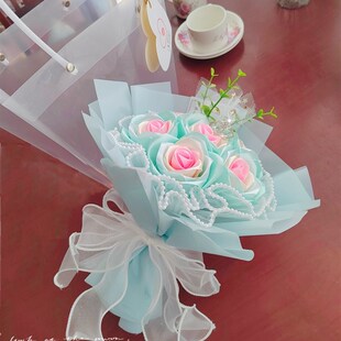 丝带玫瑰花布花手工成品花碎冰蓝玫瑰花圣诞节儿童节毕业礼品花束