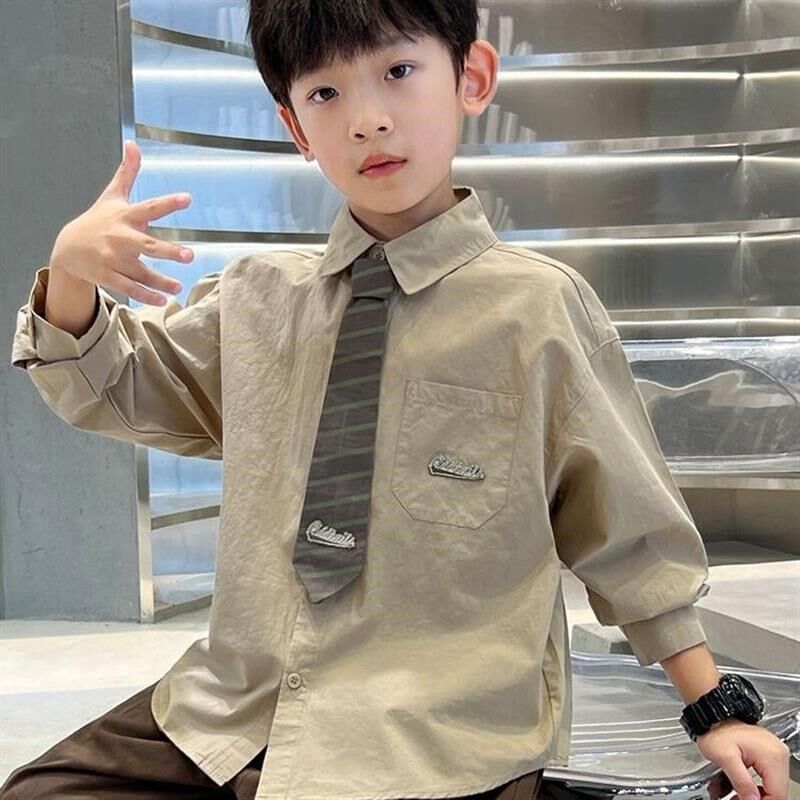 新品男童衬衫配领带秋装新款2023年儿童学院长袖衬衣春秋中大童上