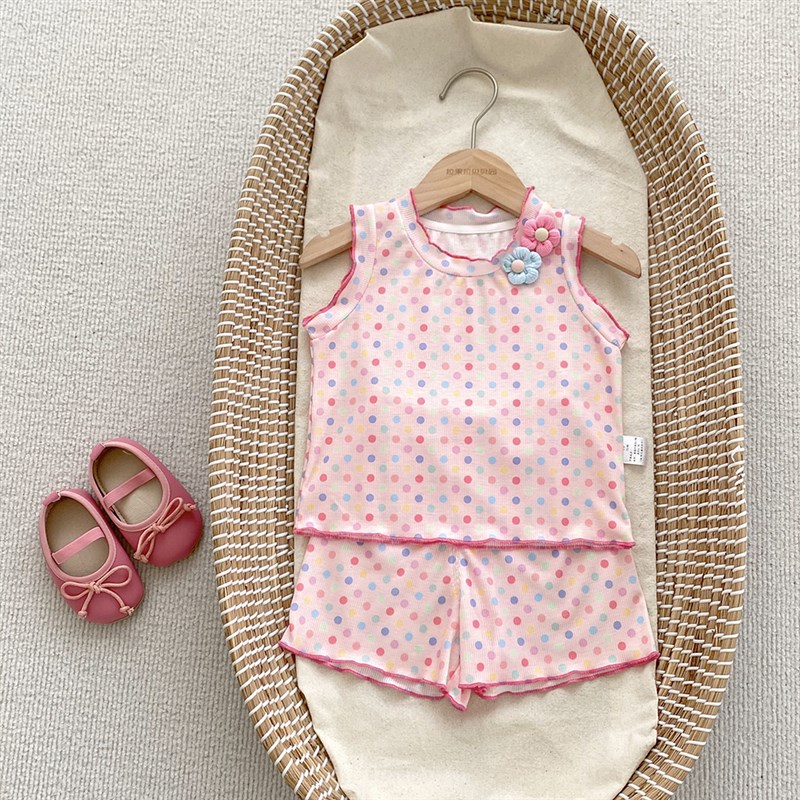 女童家居服夏季棉质薄款女宝宝背心短裤两件套可外穿花朵套装睡衣